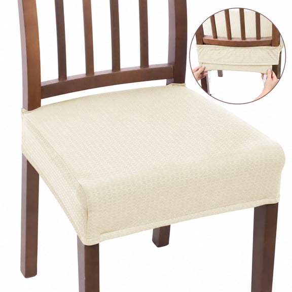 OKKEEY Stretch Jacquard Dining Chair Seat Covers, 4‑Pack Beige Removable Washable Chair Seat Slipcovers with Adjustable Buckle Straps, Rear‑Covered Kitchen Chair Cushion Protector