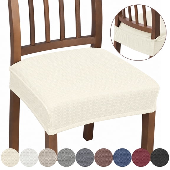 OKKEEY Stretch Jacquard Dining Chair Seat Covers, 4‑Pack Beige Removable Washable Chair Seat Slipcovers with Adjustable Buckle Straps, Rear‑Covered Kitchen Chair Cushion Protector