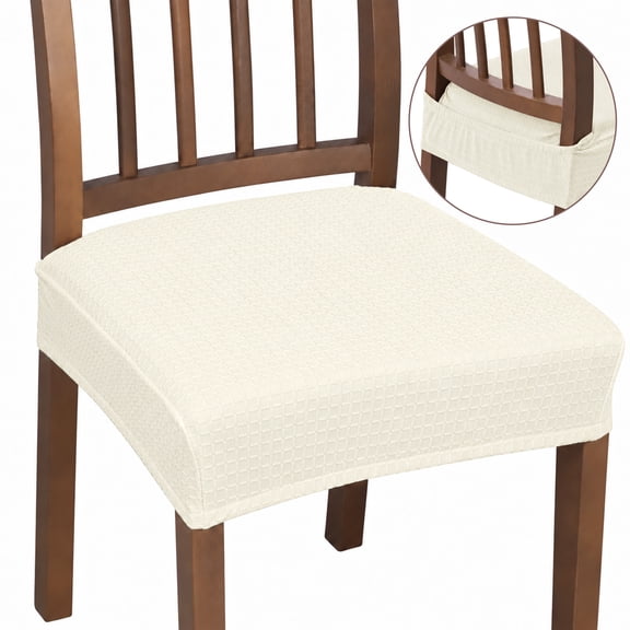 OKKEEY Stretch Jacquard Dining Chair Seat Covers, 4‑Pack Beige Removable Washable Chair Seat Slipcovers with Adjustable Buckle Straps, Rear‑Covered Kitchen Chair Cushion Protector