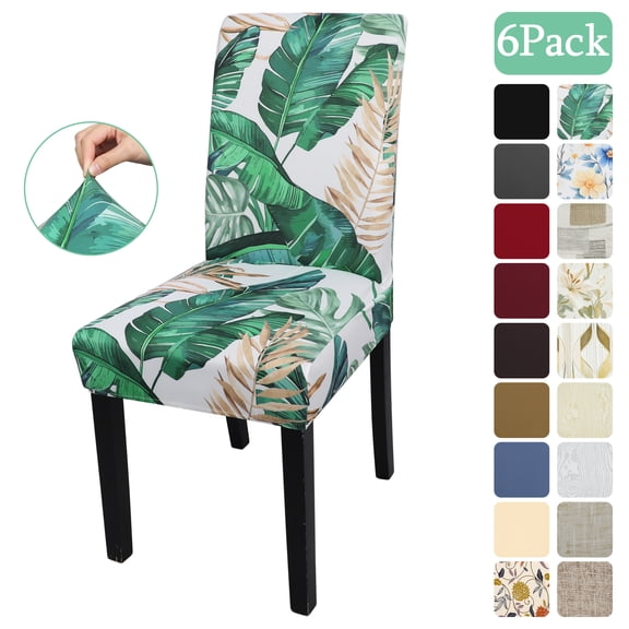 OKKEEY Tropical Leaves Stretch Chair Covers 6 Pack, Elastic Spandex Slipcovers, Washable Wrinkle-Resistant for Dining, Wedding & Party