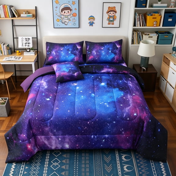 OKKEEY Twin Galaxy Bed in a Bag for Boys & Girls, 6 Pcs Outer Space Theme Teens Bedding Sets, Reversible Soft Microfiber Comforter Sets Kids Room Decor (Blue-purple)
