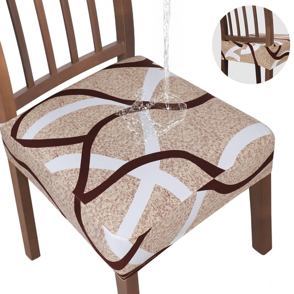 OKKEEY Waterproof Chair Seat Covers with Velcro Closure, 4Pcs Stretch Slipcovers for Dining Chairs, Removable Seat Cushion Protectors for Kitchen Chairs, Beige Stripe