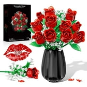 OKKIDY Red Rose Flowers Bouquet Building Kit, Compatible with Lego, 15 ABS Material Artificial Flowers, Forever Rose Toy Gift for Women Girls Adults Kids 6+, No Vase