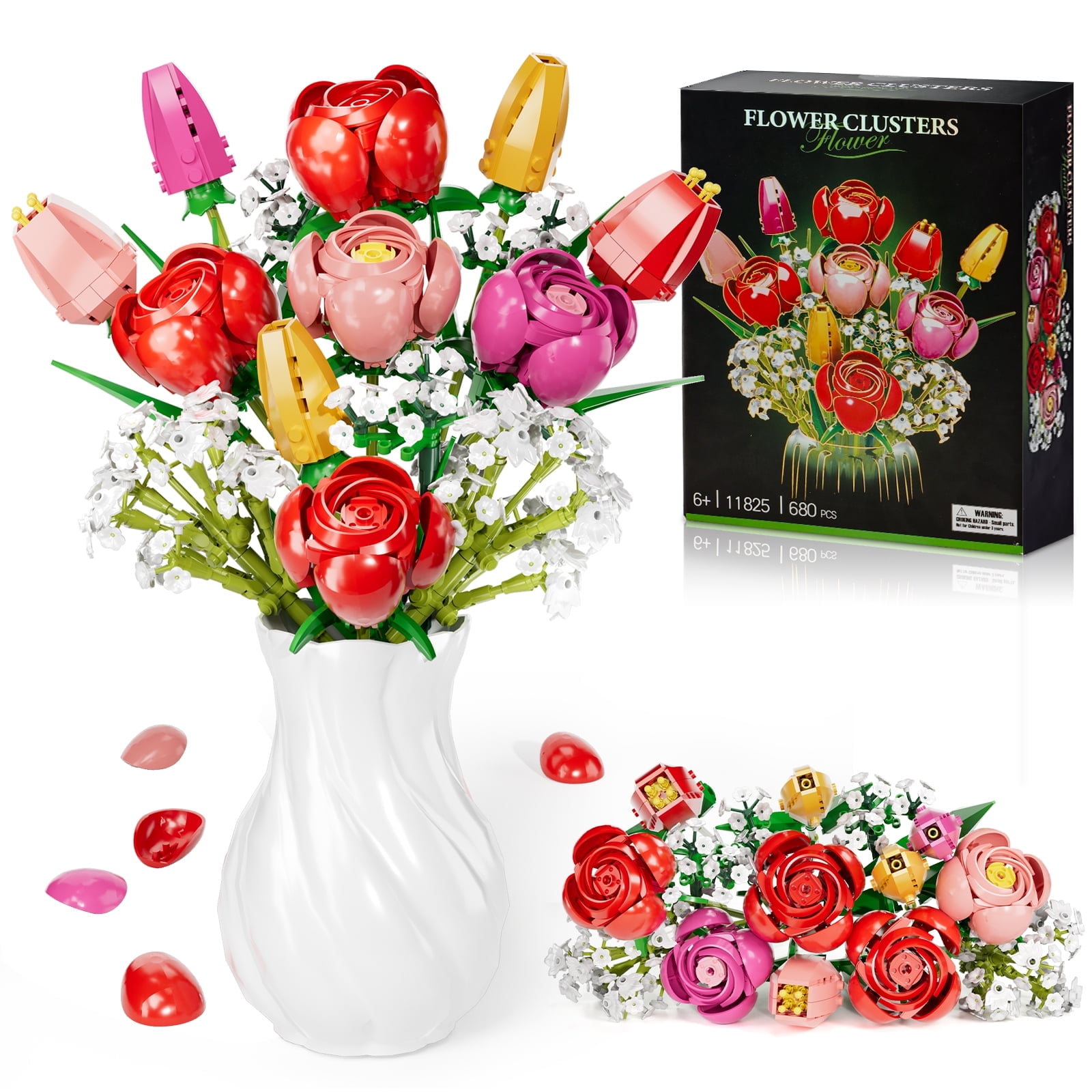 OKKIDY Red Rose Tulips Flower Bouquet Building Kit - Compatible with Lego, Gift for Adults Kids 6+, Home Office Decor, No Vase(680 Pcs)