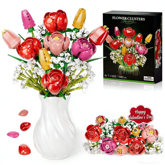 OKKIDY Red Rose Tulips Flower Bouquet Building Kit - Compatible with Lego, Valentine's Day Gift for Adults, Home Office Decor,  No Vase(680 Pcs)