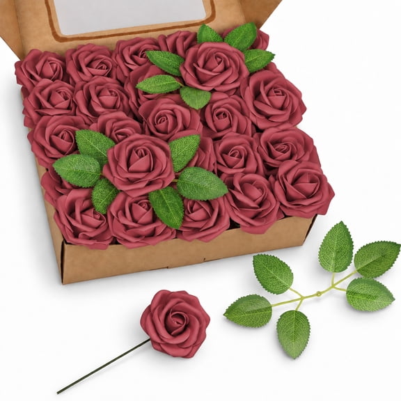 Wine Red Artificial Roses 50Pcs, Real Touch Burgundy Fake Foam Roses with Stems Leaves, Vintage Artificial Flowers for Wedding Centerpieces, Bridal Party, Rustic Home & Elegant Table Decoration