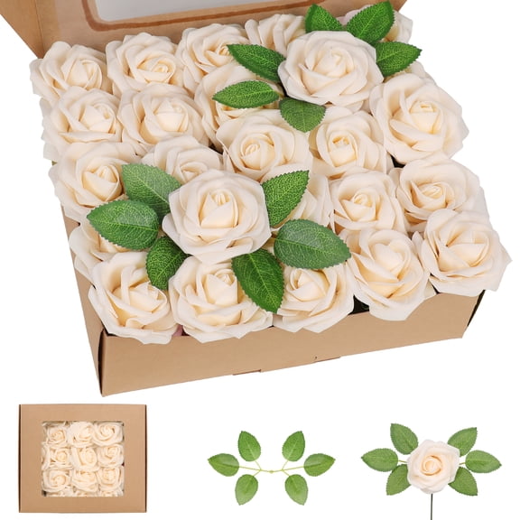 OKKKEEY 50PC Artificial Flowers Fake Roses with 50PC Stems & Leaves, Champagne Real Looking Foam Flowers for DIY Wedding Bouquets, Bridal Shower, Centerpieces, Party & Table Decorations