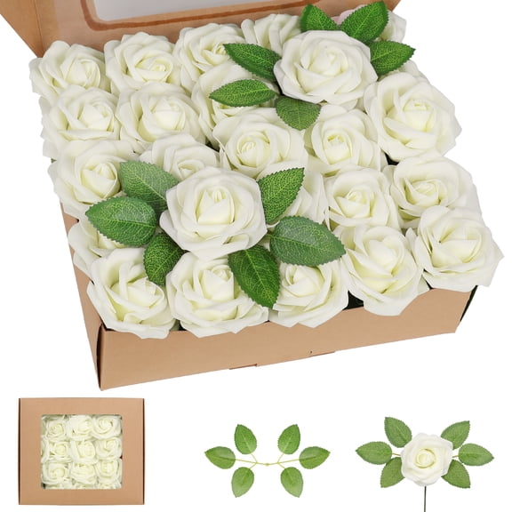 OKKKEEY 50PC Artificial Flowers Fake Roses with 50PC Stems & Leaves, Ivory Real Looking Foam Flowers for DIY Wedding Bouquets, Bridal Shower, Centerpieces, Party & Table Decorations