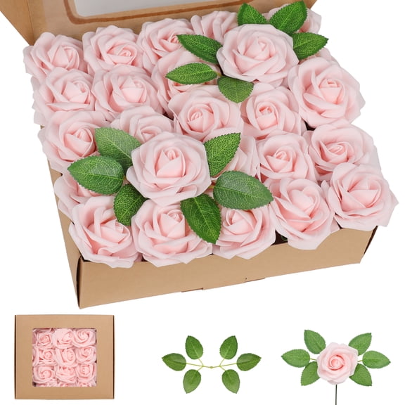 OKKKEEY 50PC Artificial Flowers Fake Roses with 50PC Stems & Leaves, Pink Real Looking Foam Flowers for DIY Wedding Bouquets, Bridal Shower, Centerpieces, Party & Table Decorations