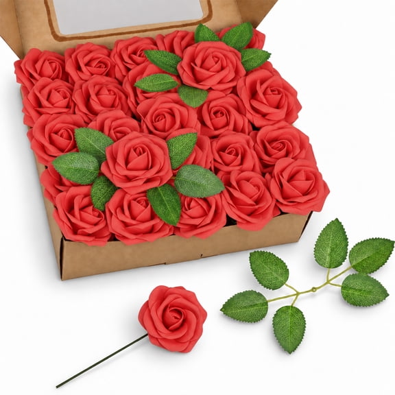 Red Roses Artificial Flowers 50Pcs with Stems & Leaves, Real Touch Fake Foam Flowers for Valentine’s Day, Wedding Bouquet, Centerpieces, Party Table Decor & Romantic Home Decoration