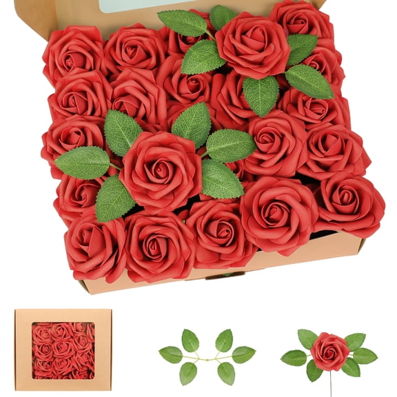 OKKKEEY 50PC Artificial Flowers Fake Roses with 50PC Stems & Leaves, Red Real Looking Foam Flowers for DIY Wedding Bouquets, Bridal Shower, Centerpieces, Party & Table Decorations