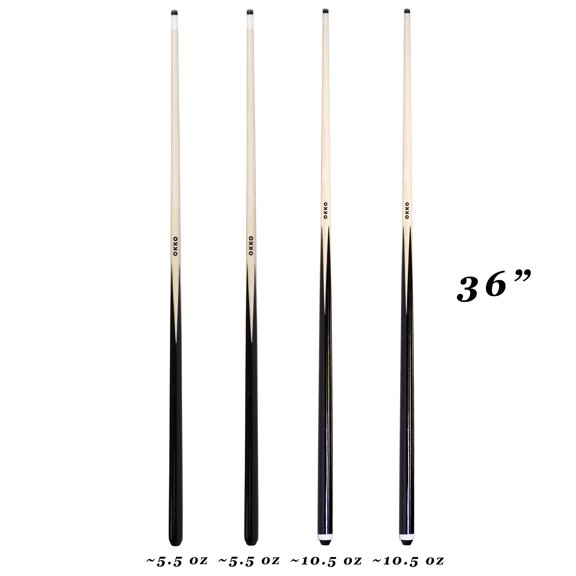 OKKO 1-Piece Pool Billiard House Bar Short Cue Sticks 36, Screw-On Tip, Pack of 4, ~5.5 oz and ~10.5 oz