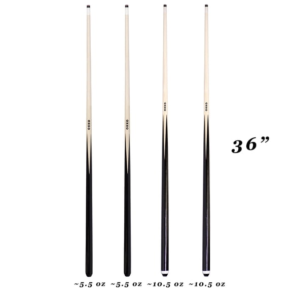 OKKO 1-Piece Pool Billiard House Bar Short Cue Sticks 36, Screw-On Tip, Pack of 4, ~5.5 oz and ~10.5 oz