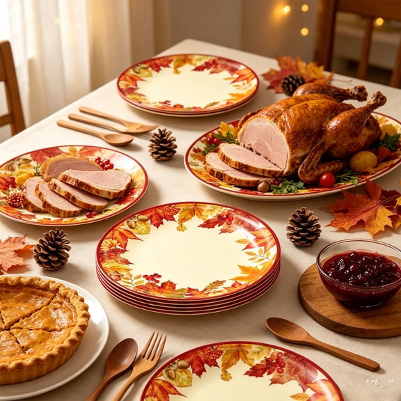 OKKVV 32 Pack Fall Leaves Paper Plates Thanksgiving Maple Leaf Paper Dessert Plate Harvest Disposable Round Plate for Birthday Indoor Holiday Dining Decor 7.08in