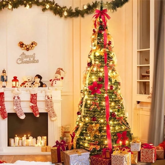 OKKVV 4 ft PVC Foldable Lighted Christmas Tree with 200 LED Lights and 64 Ornaments, Indoor Outdoor Pop-Up Holiday Decor Easy Setup for Home, Office(Multicolor)