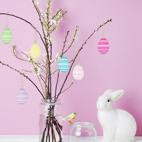 OKKVV 6PCS Easter Eggs Hanging Decorations - 2.36 Inches Plastic Painted Eggs Easter Tree Decor, A