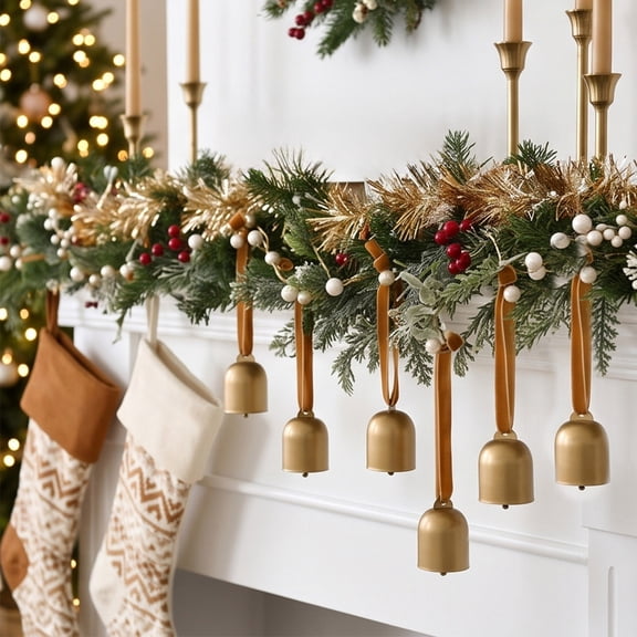 OKKVV Christmas 6‑Pack Metal Bell Ornaments, Gold Hanging Bells With Ribbon, Rustic Festive Decor for Xmas Tree Wreath Garland Gift Wrapping Home Party Decor, 5.11 in