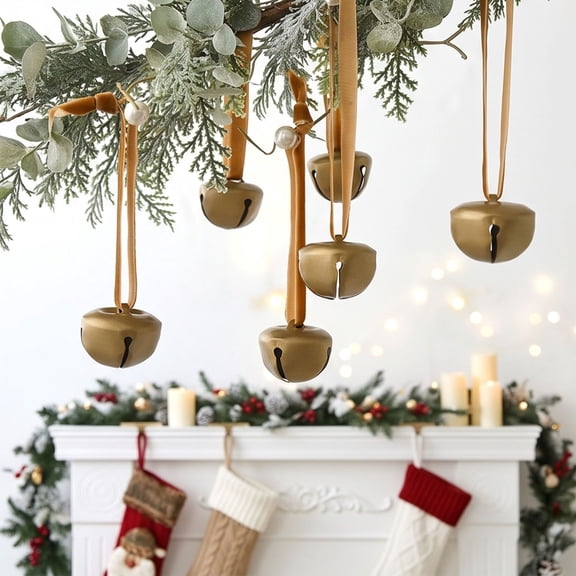 OKKVV Christmas Metal Bell Ornaments,6‑Pack Vintage Golden Hanging Bells With Ribbon, Rustic Festive Decor for Xmas Tree Wreath Garland Gift Wrapping Home Party Decor, 5.11 in D