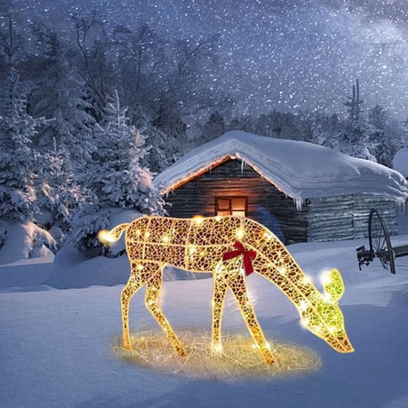 OKKVV Christmas Outdoor Light Up Reindeer Decoration Set of 3 LED Luminous Deer Weatherproof Garden Yard Lawn Holiday Decor with Tools and Bows for Xmas Display(Multicolor)