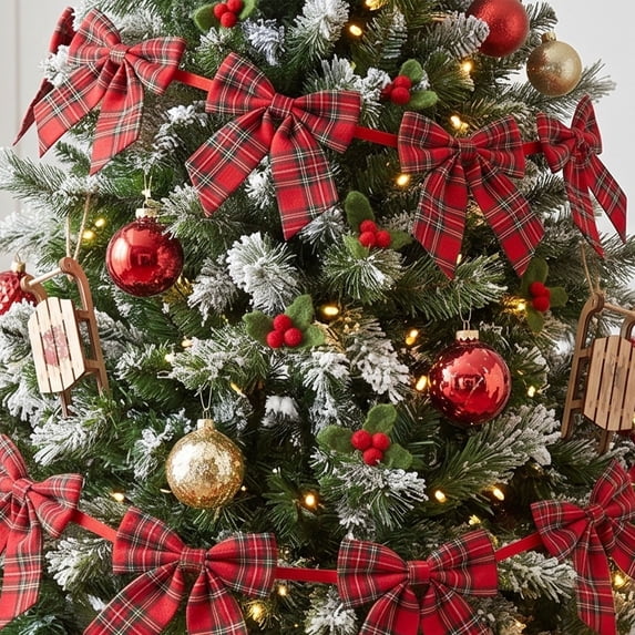 OKKVV Christmas Red Plaid Bow Banner Garland, Pre‑tied Tartan Bow Hanging Bunting, Reusable Festive Bow String for Fireplace Mantel Wall Tree Xmas Indoor Home Decor, 7.87 in per bow