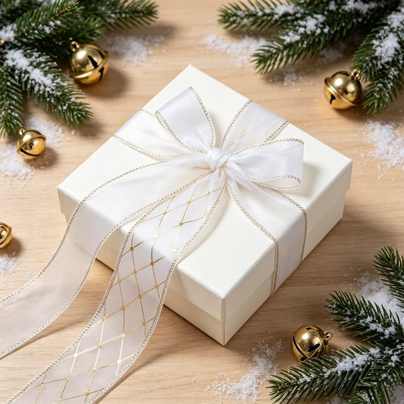 OKKVV Christmas Ribbon, White Fabric Ribbon With Gold Diamond Grid Print, Decorative Ribbon For Gift Wrapping, Wreath Bow Making, Xmas Tree Ornament, Holiday DIY Home Party Decoration