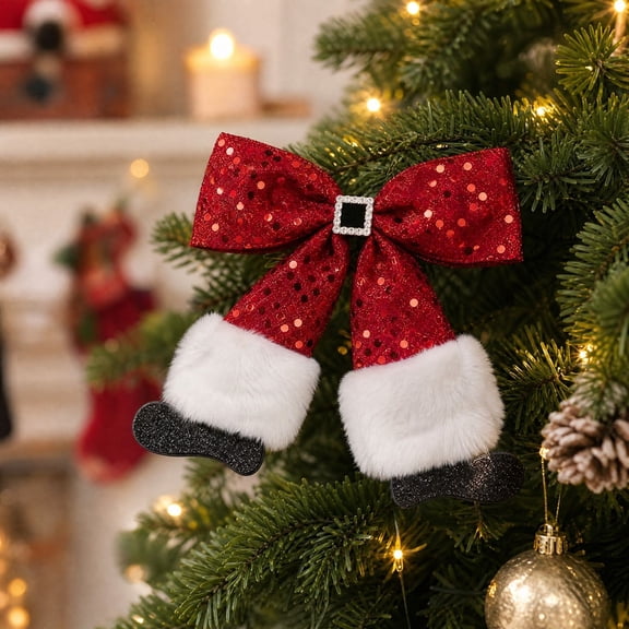 OKKVV Christmas Sequin Bow Ornament, Santa Boots Style Decorative Bow, Sparkly Holiday Bow for Wreath Christmas Tree Gift Box Home Indoor Xmas Decor, 5.12 x 5.91 in