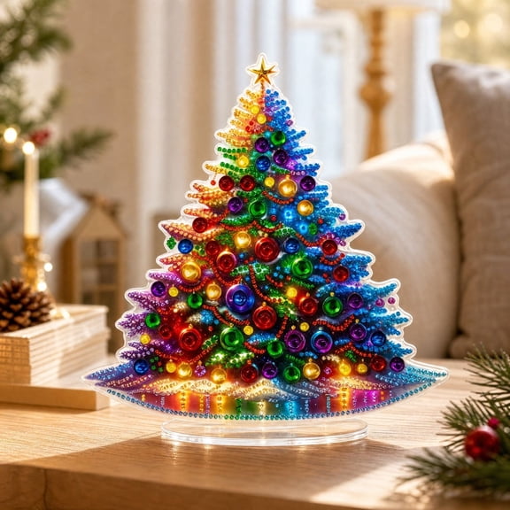 OKKVV Christmas StandUp Diamond Painting Kit, Tabletop Xmas Tree Acrylic Diy Crystal Rhinestone Art Set, for Home Desktop Shelf Indoor Holiday Table Decoration, 7.87in x7.87in