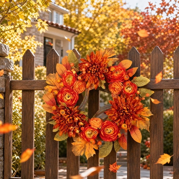 OKKVV Fall Thanksgiving Wreath, Orange Dahlia Ranunculus Berry Artificial Magnolia Leaf Front Door Wreath, Anti-Fade All Weather Autumn Floral Garland for Farm Porch Wall Mantel Decor