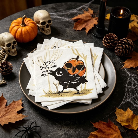 OKKVV Halloween Crow Pumpkin Shaped Disposable Paper Napkins, 40 Count Cute Cartoon Cutout Napkins, for Dinner Table, Themed Party & Tabletop Holiday Decor,6.49in