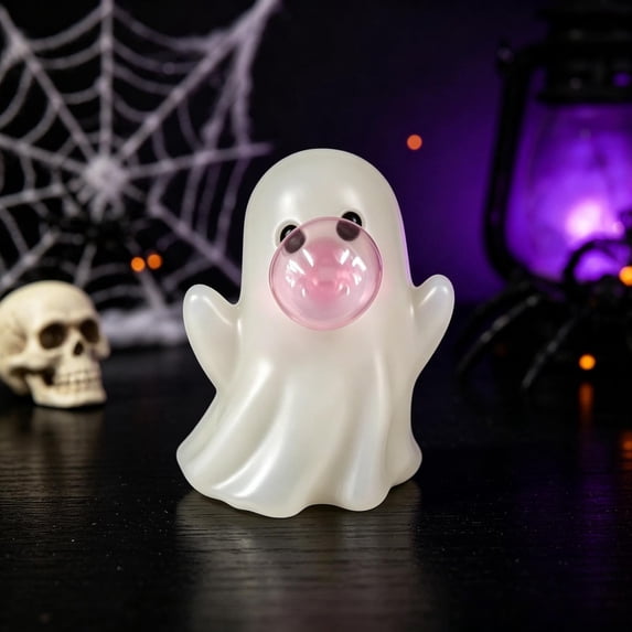 OKKVV Halloween Ghost Figurine Decor with Pink Bubble‑Blowing Ghost Cute Ghost Statue Ornament for Mantel Shelf Indoor Home Halloween Party Table Display, 7.09 in ×4.72 in Pink