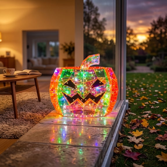 OKKVV Halloween Rainbow Prism Iridescent LED Jack O Lantern, 7.87in Transparent Geometric Pumpkin Table Lamp Indoor Party Home Decor Ornament,for Bedroom Hallway Table Batteries Not Included