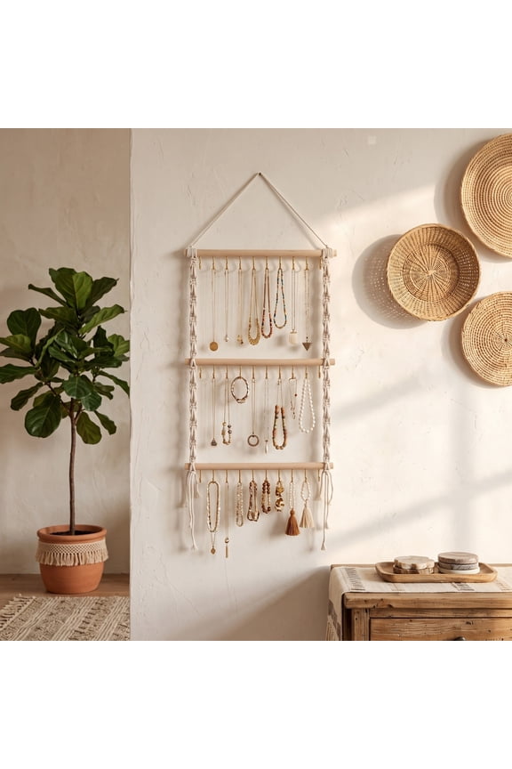 Hanging Jewelry Organizer Macrame Necklace Holder with 30 Hooks Wall Mounted Jewelry Hanger Over Door Necklace Rack with Tassel for Necklace Bracelet Earring Headband Bow Organizer