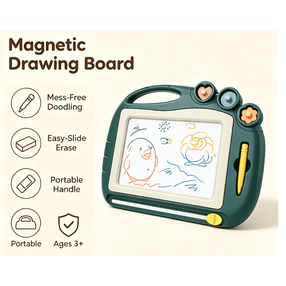 OKKVV Magnetic Drawing Board for 3+Years Old Kids, Erasable Doodle Writing Tablet, Portable Magnet Sketch Pad Toy for Toddlers, for Home Kindergarten Travel Use, 10.8 x 8.4 x 0.7 in Army Green
