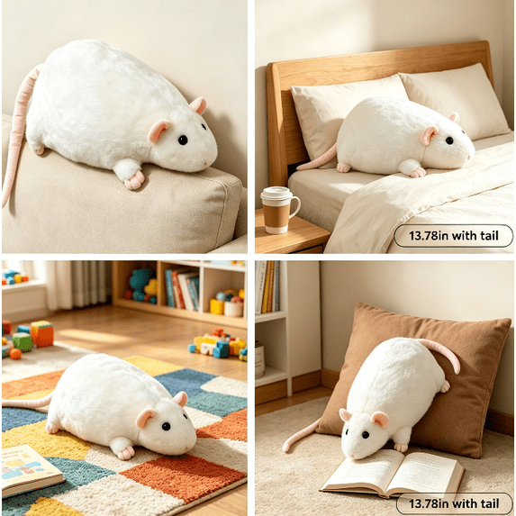 OKKVV Oversized Rat Plush Stuffed Toy, Realistic Soft Furry Large Rat Plush Doll, Cute Animal Throw Pillow For Home Bedroom Sofa Decor Kids Play, 13.78 in White