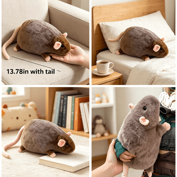 OKKVV Rat Plush Stuffed Toy, Realistic Soft Furry Large Rat Plush Doll, Cute Animal Throw Pillow For Home Bedroom Sofa Decor Kids Play, 13.78 in Brown