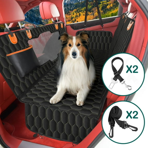 OKMEE 5 - in-1 Dog Car Seat Cover, Scratchproof Pet Car Seat Cover with Mesh Window/2 Seat Belts, Convertible Dog Hammock Nonslip Dog Back Seat Protector for Cars Trucks SUV