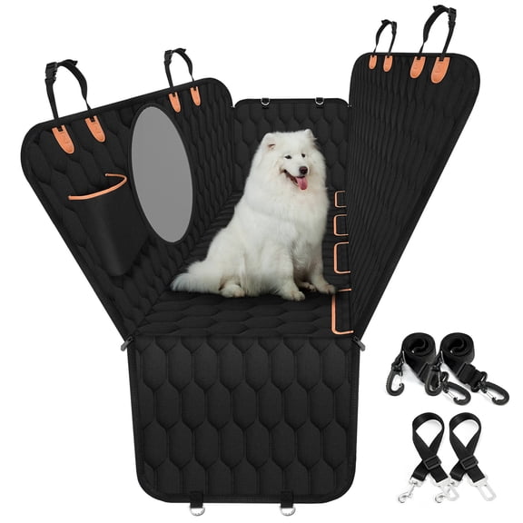 OKMEE Dog Car Seat Cover, 100% Waterproof Dog Seat Cover with Big Mesh Window, 2 Seat Belts, Storage Pocket, Non-Scratch Nonslip Pet Seat Cover, Dog Hammock for Cars Trucks and SUV