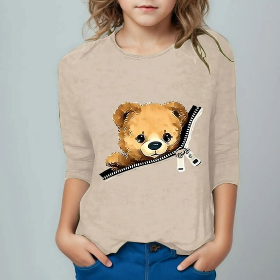 OKSALE 3/4 Length Sleeve T Shirts for Boys Girls Kids Cute Bear Printing Tshirt Trendy Loose Fitted Shirt Tops Casual Crewneck Tee Clothes for Children Size 7-8