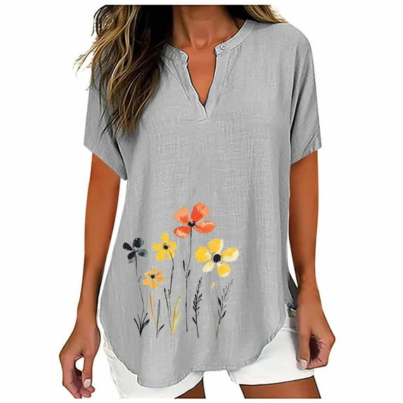OKSALE 3/4 Length Sleeve Womens Tops Cute Floral Graphic Curved Hem Tees Casual Notch V Neck T-Shirts Lightweight Cozy Loose T Shirt 2025