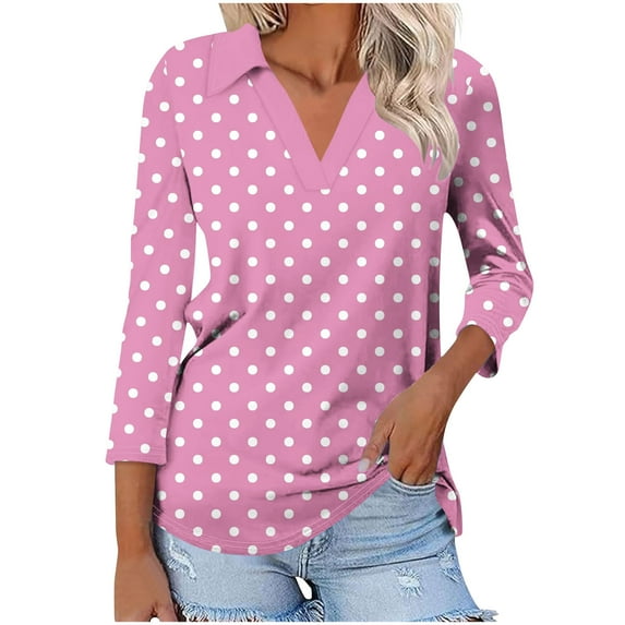 OKSALE 3/4 Length Sleeve Womens Tops Dressy Casual V Neck Shirts Fall 2025 Clothes Elegant Polka Dot Print Blouses Loose Fit Work office T Shirt