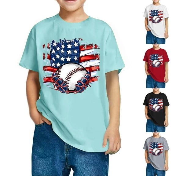 OKSALE Boys Funny 4th of July Shirts Baseball American Flag Graphic Tees Summer Short Sleeve T Shirt Athletic Sports Tops Moisture Wicking Cotton Tshirts