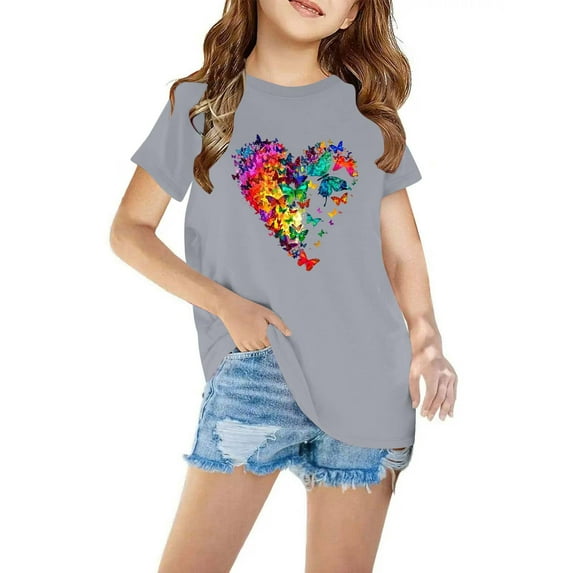 OKSALE Boys Girls Heart Printed Tops for Kids Summer Trendy Butterfly Graphic Tees Comfort Soft Cotton T Shirt Casual Short Sleeve Tshirts for Toddler Girl