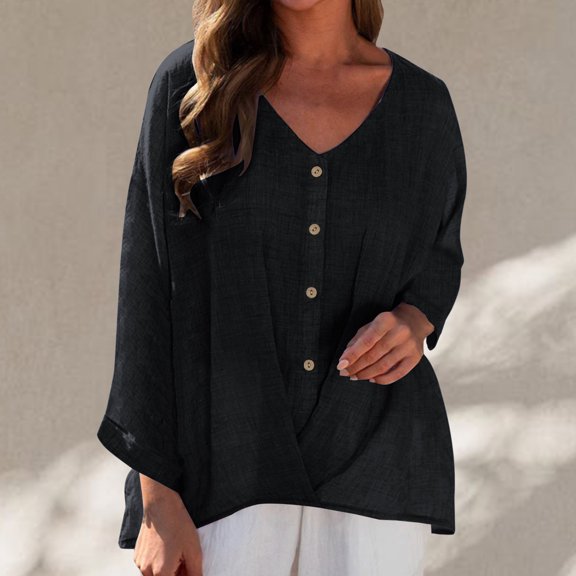 OKSALE Button Down Shirts for Women Trendy Cotton Linen SHirt Loose Long Sleeve Tee Blouses Solid Color Blouse Soft Classic Fit Summer Tops 2025