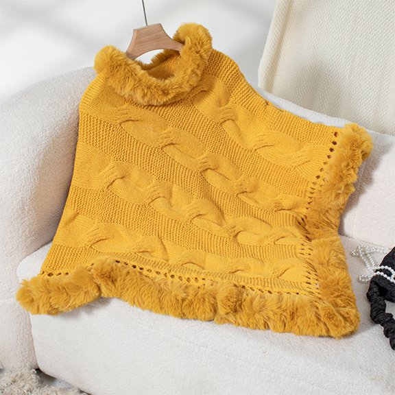 Oksale Cable Knit Poncho Sweaters for Women Trendy Faux Fur Collar Sweater Casual Solid Solor Knit Shawls Comfy Warm Loose Shawl Tops Yellow Free Size