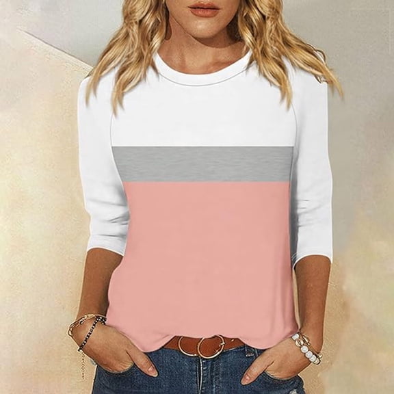 Oksale Color Block Shirts for Women 3/4 Sleeve Shirt Casual Round Neck Tee Blouses Loose Fit Cozy Top Fall Basic Tops 2025