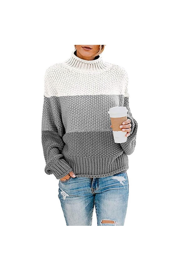 Color Block Sweaters for Women Casual Tutleneck Sweater Chunky Cable Knit Jumper Comfy Long Sleeve Pullover Warm Winter Fall Fasion Tops