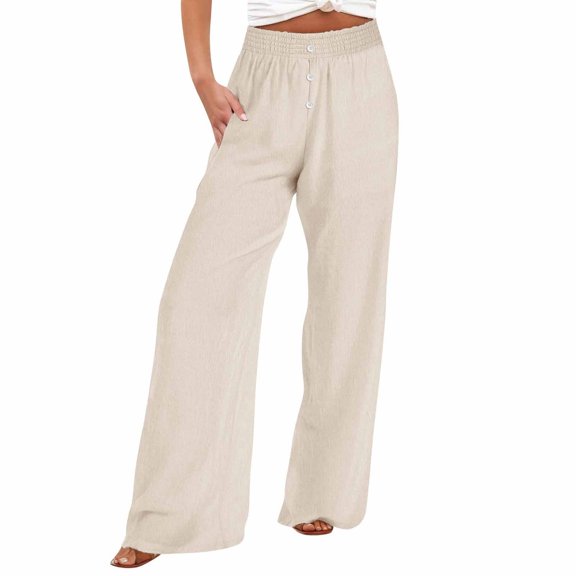 OKSALE Cotton Linen Pants for Women Elastic Waisted Sweatpants Loose Wide Leg Pants High Waist Solid Color Sweat Pants with Pockets Lounge Pants
