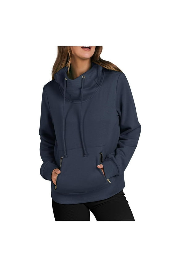 Cowl Neck Hoodies for Women Sweatshirts with Zip Pocket Cozy Long Sleeve Sweatshirt Classic Solid Color Pullover Casual Fall Workout Hooded Tops