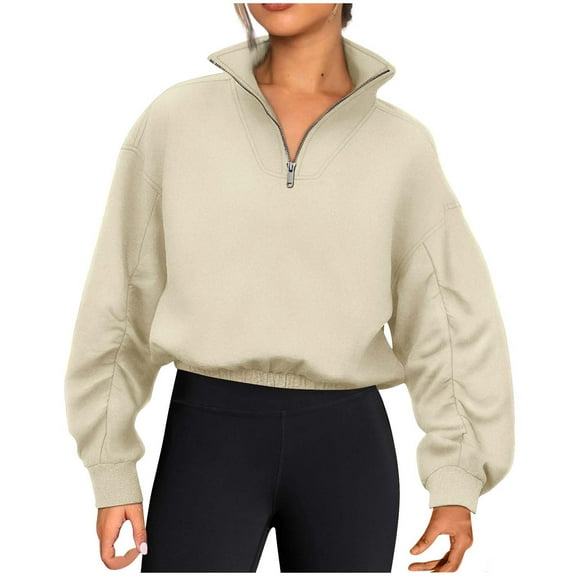 Oksale Cropped Sweatshirts for Women Trendy Quarter Zip Lapel Sweatshirt Casual Drop Shoulder Pullover Loose Pleated Long Sleeve Fashion Y2K Tops
