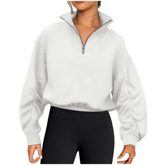 Oksale Cropped Sweatshirts for Women Trendy Quarter Zip Lapel Sweatshirt Casual Drop Shoulder Pullover Loose Pleated Long Sleeve Fashion Y2K Tops